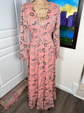 Patrons of Peace Coral Pink Floral V-Neck Maxi Dress